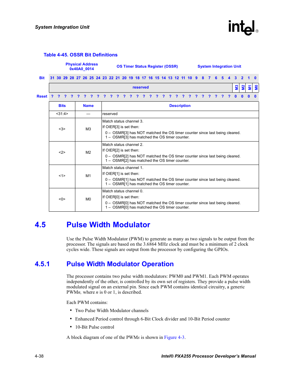 5 pulse width modulator, 1 pulse width modulator operation, Pulse width modulator -38 4.5.1 | Pulse width modulator operation -38, Ossr bit definitions -38, Table 4-45 | Intel PXA255 User Manual | Page 142 / 600