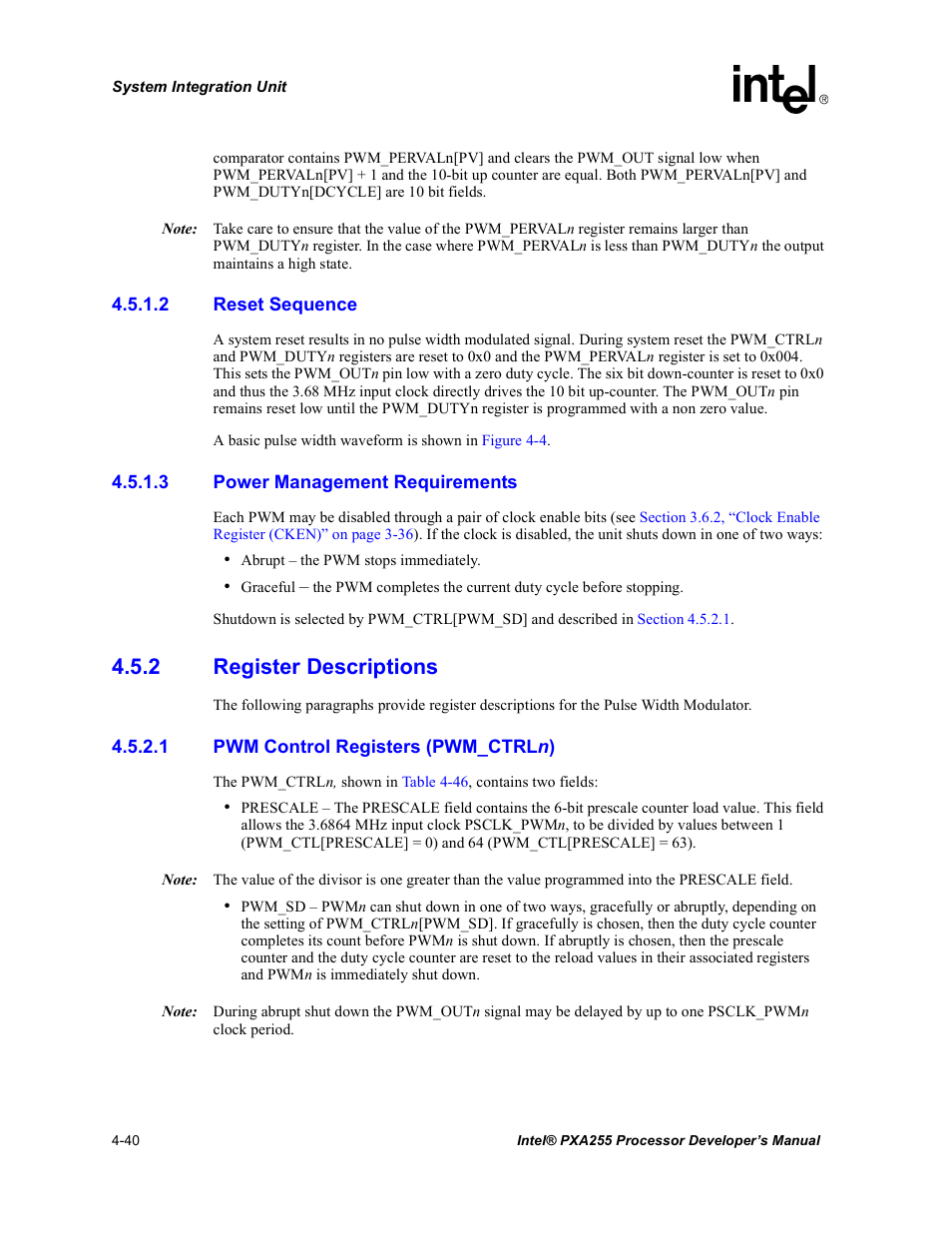 2 reset sequence, 3 power management requirements, 2 register descriptions | 1 pwm control registers (pwm_ctrln), Register descriptions -40 | Intel PXA255 User Manual | Page 144 / 600