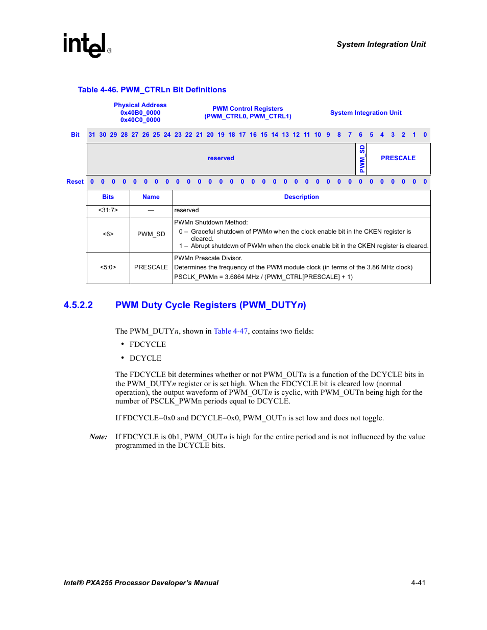 2 pwm duty cycle registers (pwm_dutyn), Pwm_ctrln bit definitions -41, Table 4-46 | 2 pwm duty cycle registers (pwm_duty n ) | Intel PXA255 User Manual | Page 145 / 600