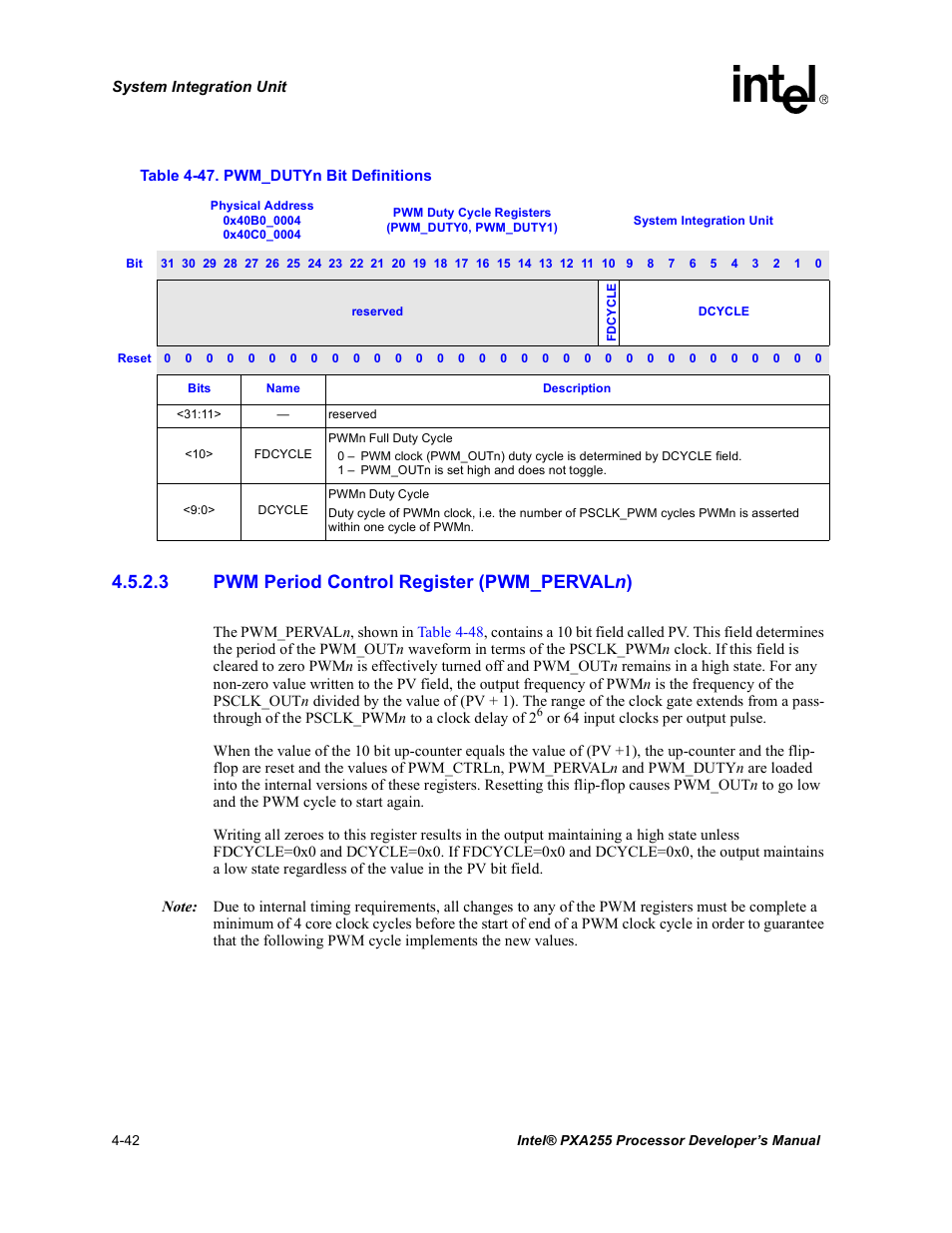 3 pwm period control register (pwm_pervaln), Pwm_dutyn bit definitions -42, 3 pwm period control register (pwm_perval n ) | Intel PXA255 User Manual | Page 146 / 600