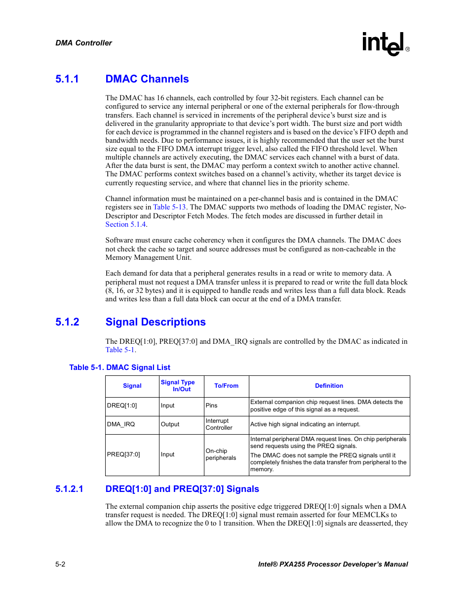 1 dmac channels, 2 signal descriptions, 1 dreq[1:0] and preq[37:0] signals | Dmac channels -2, Signal descriptions -2, Dmac signal list -2, Table 5-1 | Intel PXA255 User Manual | Page 152 / 600