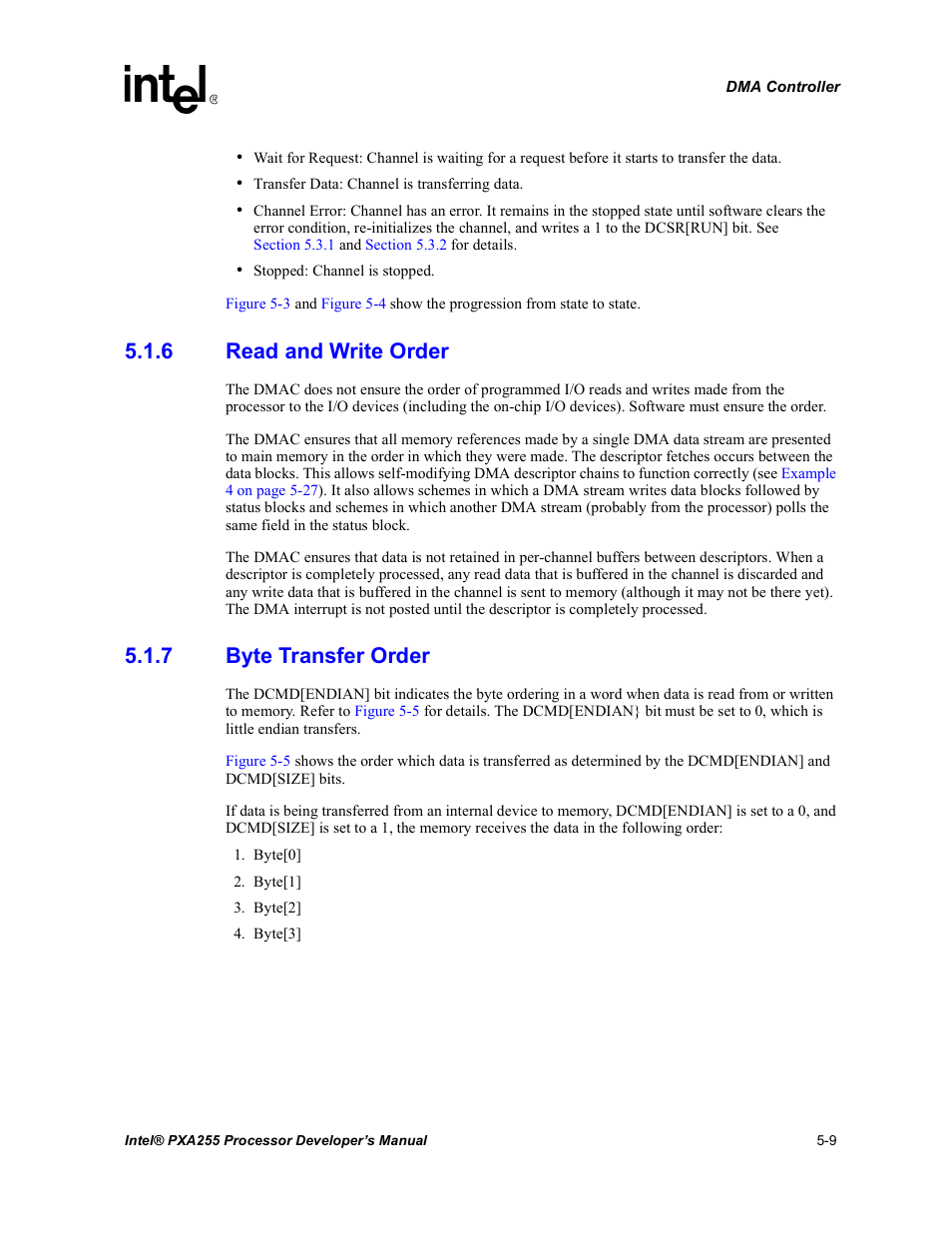 6 read and write order, 7 byte transfer order, Read and write order -9 | Byte transfer order -9 | Intel PXA255 User Manual | Page 159 / 600