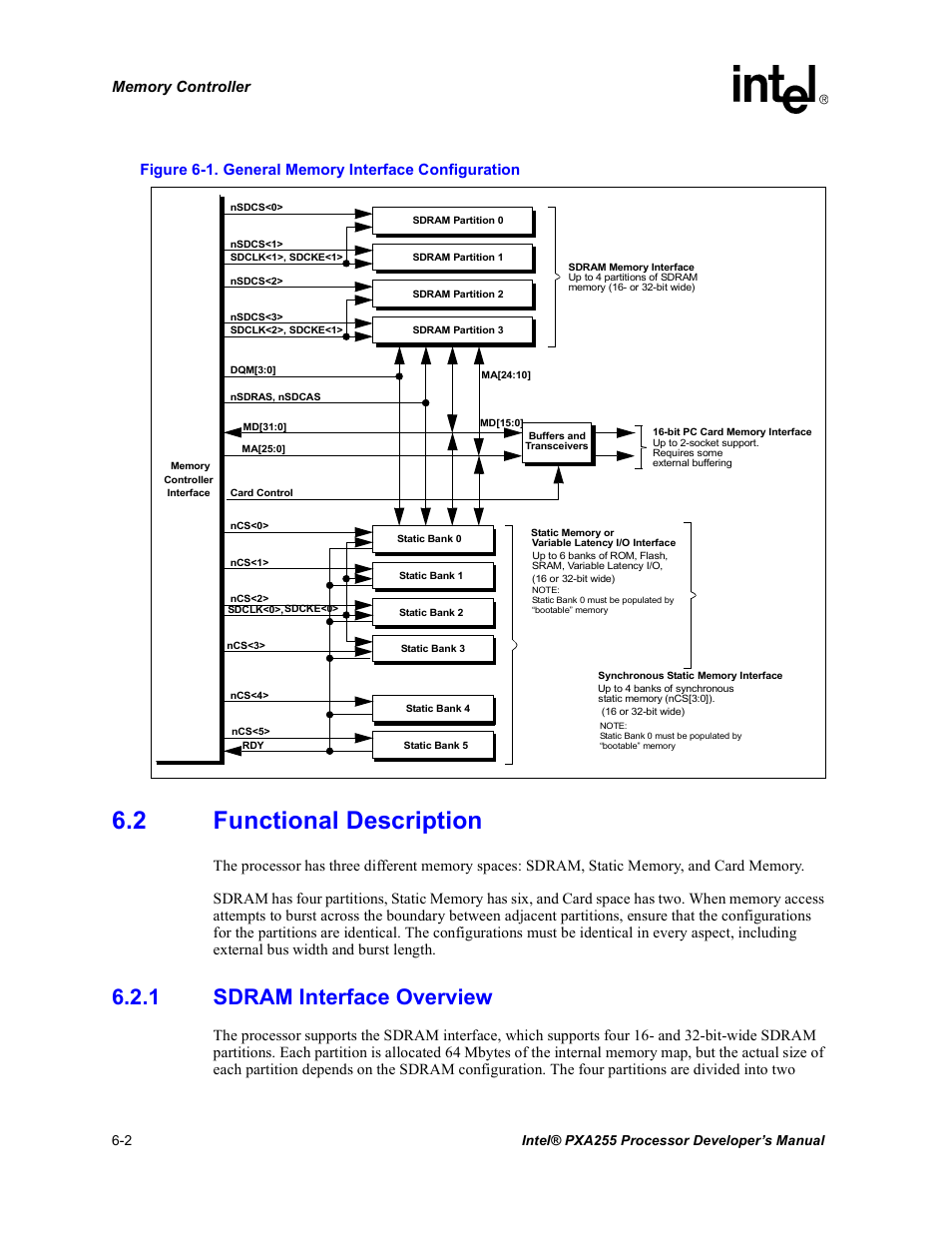 2 functional description, 1 sdram interface overview, Functional description -2 | Sdram interface overview -2, General memory interface configuration -2 | Intel PXA255 User Manual | Page 184 / 600