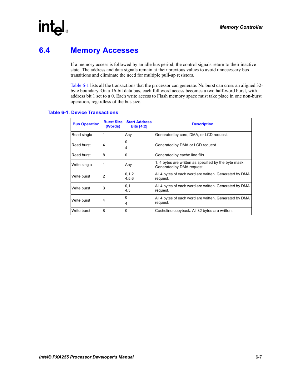 4 memory accesses, Memory accesses -7, Device transactions -7 | Intel PXA255 User Manual | Page 189 / 600