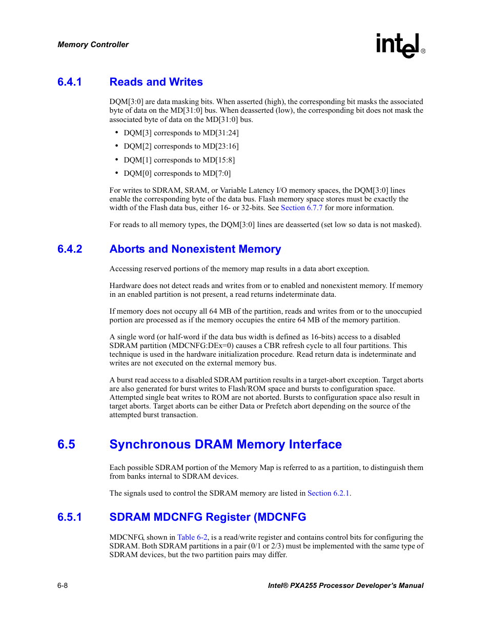 1 reads and writes, 2 aborts and nonexistent memory, 5 synchronous dram memory interface | 1 sdram mdcnfg register (mdcnfg, Reads and writes -8, Aborts and nonexistent memory -8, Synchronous dram memory interface -8 6.5.1, Sdram mdcnfg register (mdcnfg -8 | Intel PXA255 User Manual | Page 190 / 600