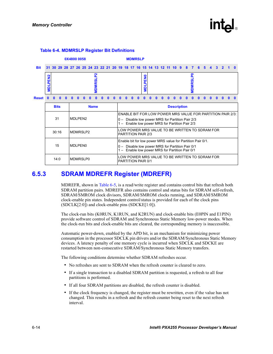 3 sdram mdrefr register (mdrefr), Sdram mdrefr register (mdrefr) -14, Mdmrslp register bit definitions -14 | Intel PXA255 User Manual | Page 196 / 600