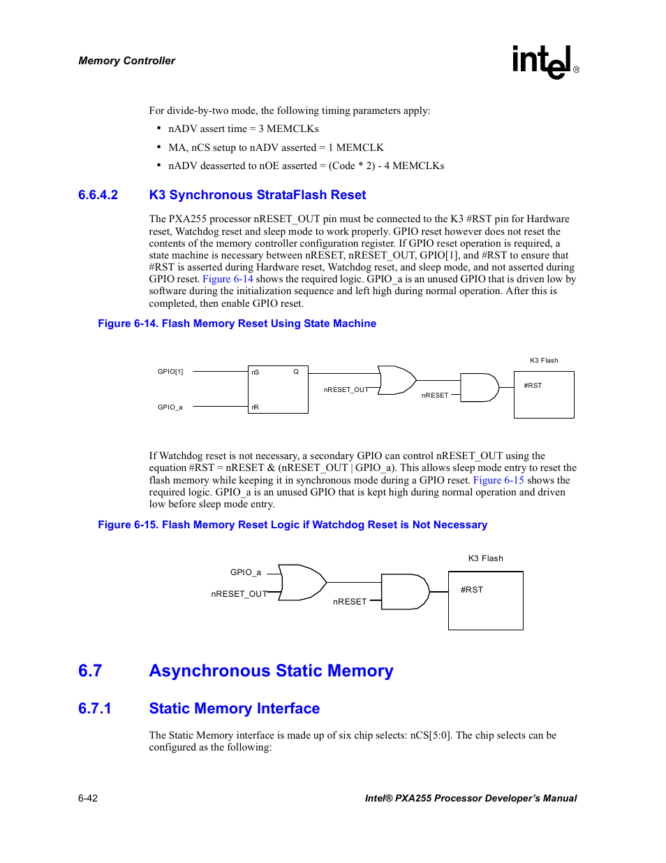 2 k3 synchronous strataflash reset, 7 asynchronous static memory, 1 static memory interface | Asynchronous static memory -42 6.7.1, Static memory interface -42, Flash memory reset using state machine -42 | Intel PXA255 User Manual | Page 224 / 600