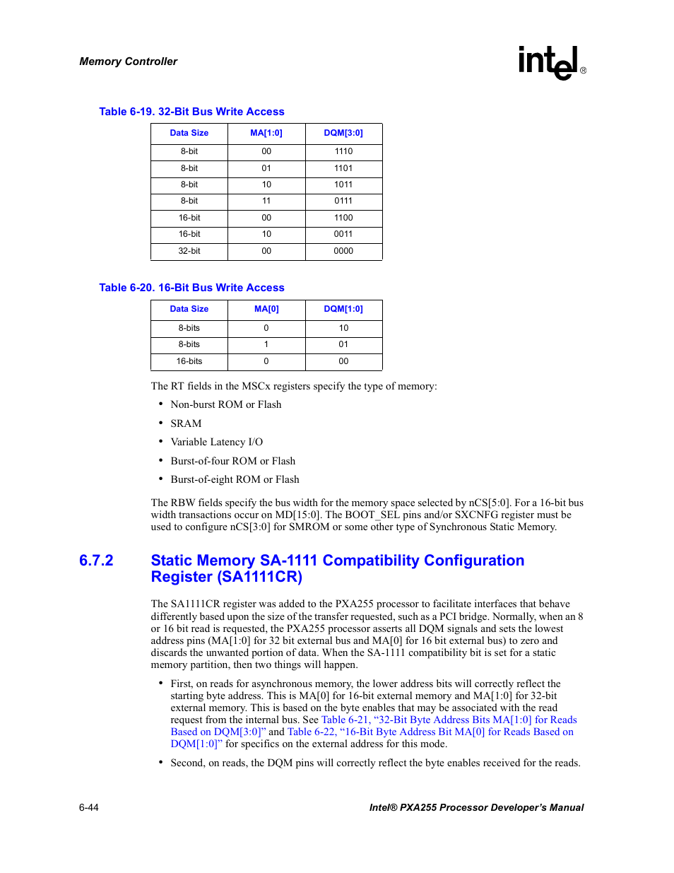 Bit bus write access -44 | Intel PXA255 User Manual | Page 226 / 600