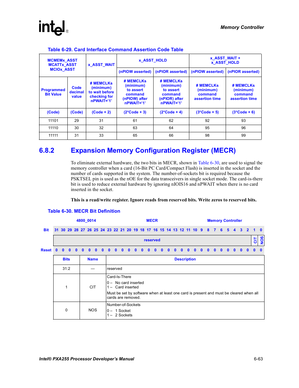 2 expansion memory configuration register (mecr), Expansion memory configuration register (mecr) -63, Mecr bit definition -63 | Intel PXA255 User Manual | Page 245 / 600