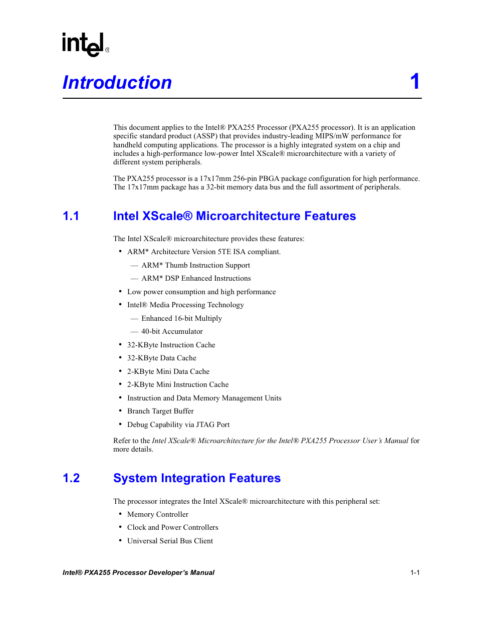 Introduction 1, 1 intel xscale® microarchitecture features, 2 system integration features | Introduction -1 1.1 intel xscale, Microarchitecture features -1, System integration features -1, Introduction | Intel PXA255 User Manual | Page 25 / 600