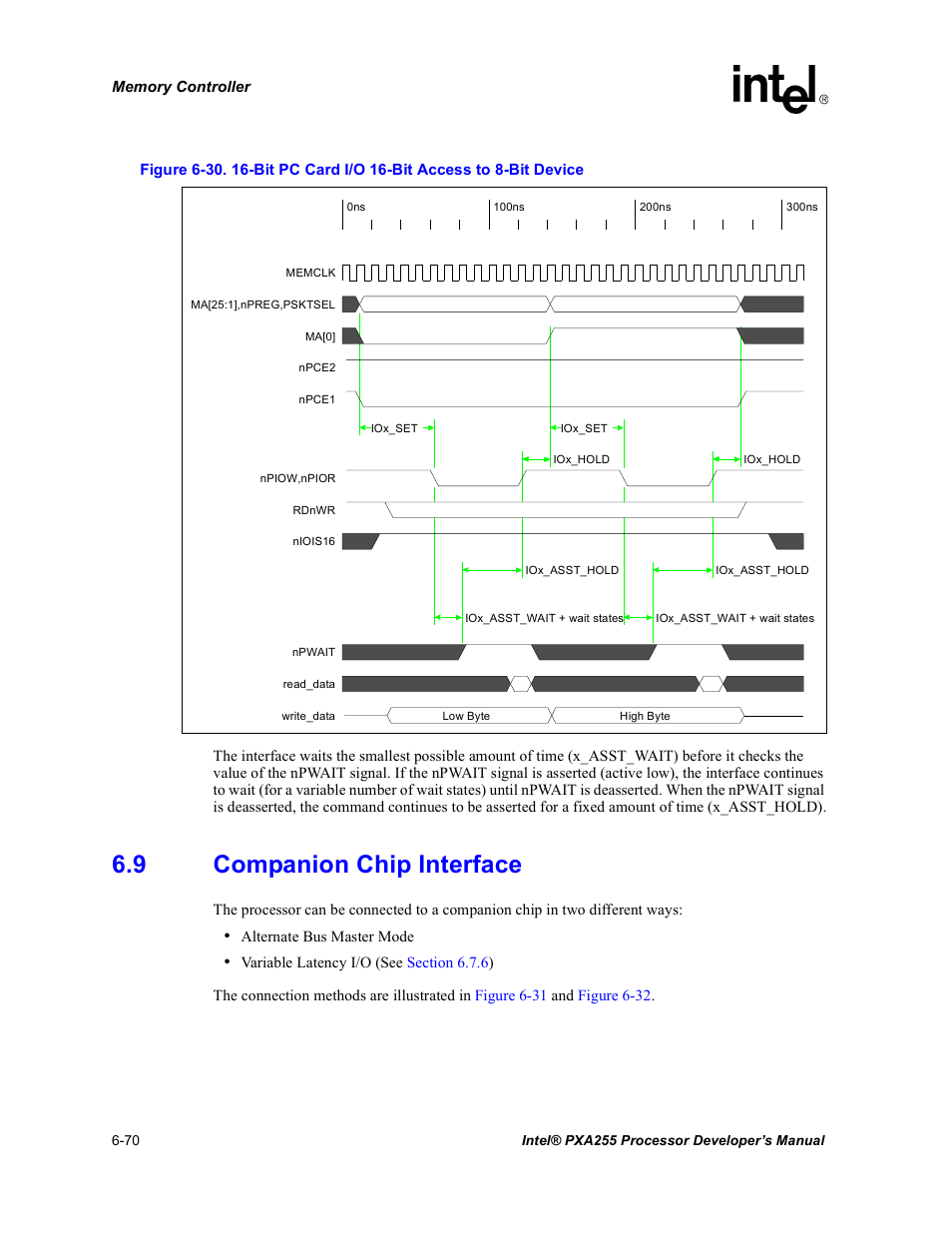 9 companion chip interface, Companion chip interface -70, Bit pc card i/o 16-bit access to 8-bit device -70 | Figure 6-30 | Intel PXA255 User Manual | Page 252 / 600