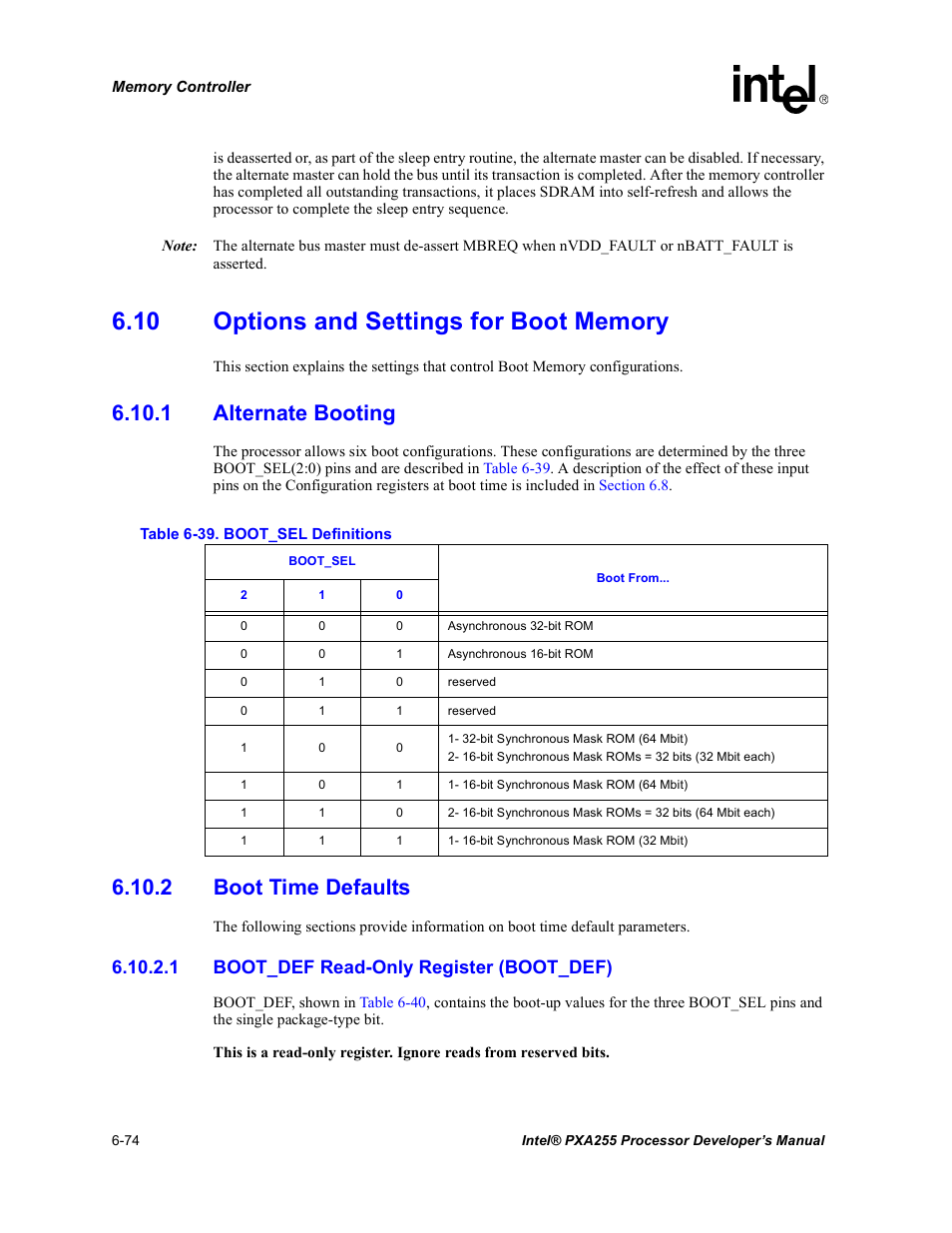 10 options and settings for boot memory, 1 alternate booting, 2 boot time defaults | 1 boot_def read-only register (boot_def), 10 options and settings for boot memory -74, Boot_sel definitions -74, D in, Section 6.10.1, Section 6.10.2 | Intel PXA255 User Manual | Page 256 / 600