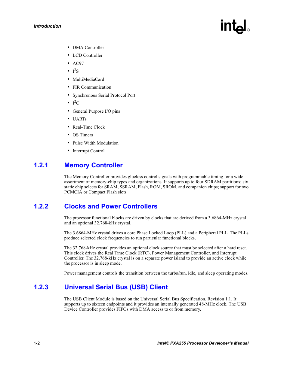 1 memory controller, 2 clocks and power controllers, 3 universal serial bus (usb) client | Memory controller -2, Clocks and power controllers -2, Universal serial bus (usb) client -2 | Intel PXA255 User Manual | Page 26 / 600