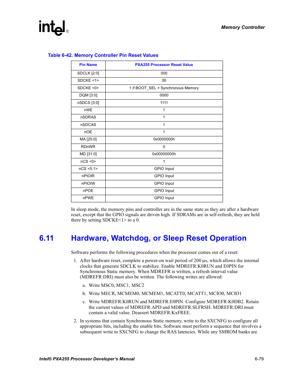 11 hardware, watchdog, or sleep reset operation, Memory controller pin reset values -79 | Intel PXA255 User Manual | Page 261 / 600