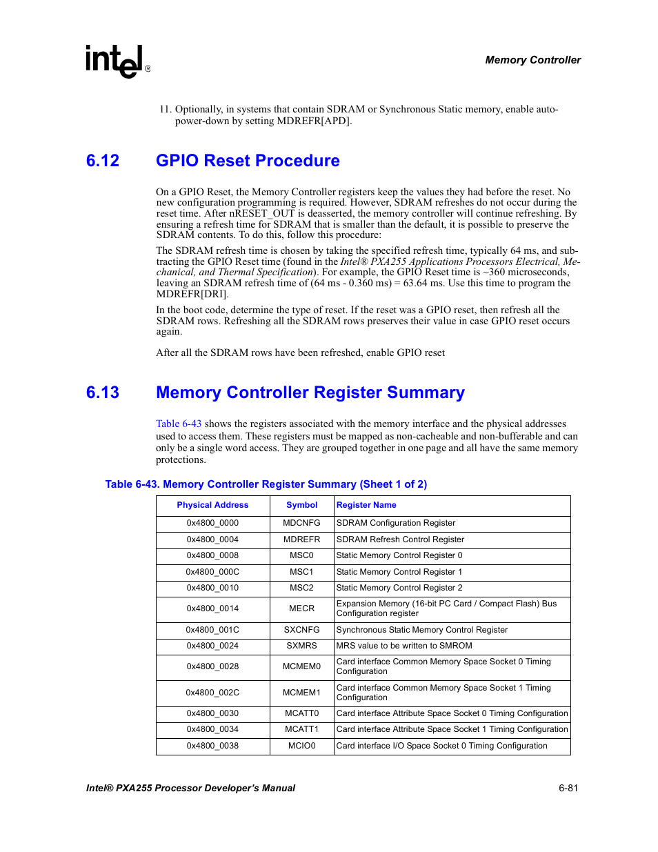 12 gpio reset procedure, 13 memory controller register summary, Memory controller register summary -81 | Intel PXA255 User Manual | Page 263 / 600