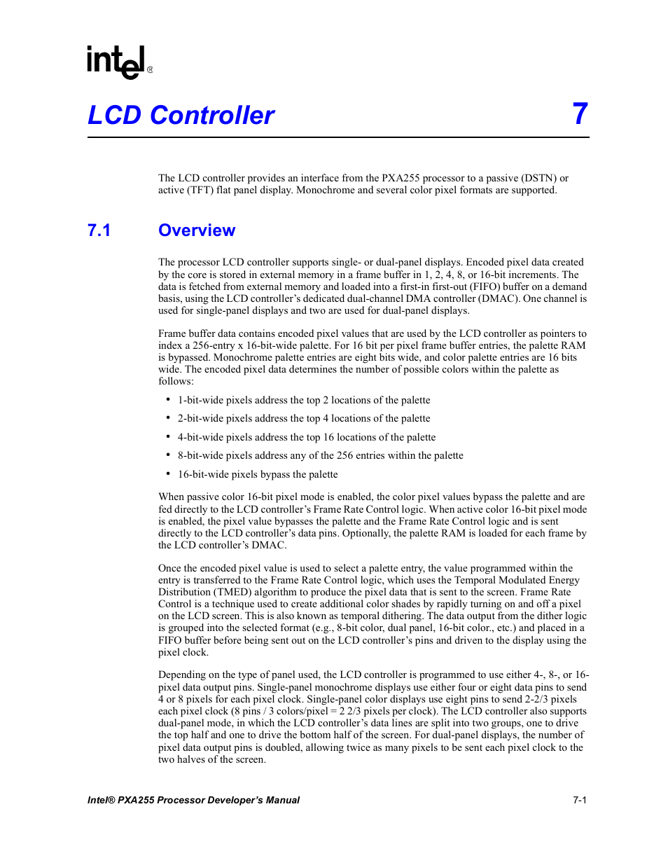 Lcd controller 7, 1 overview, Lcd controller -1 7.1 | Overview -1, Lcd controller | Intel PXA255 User Manual | Page 265 / 600