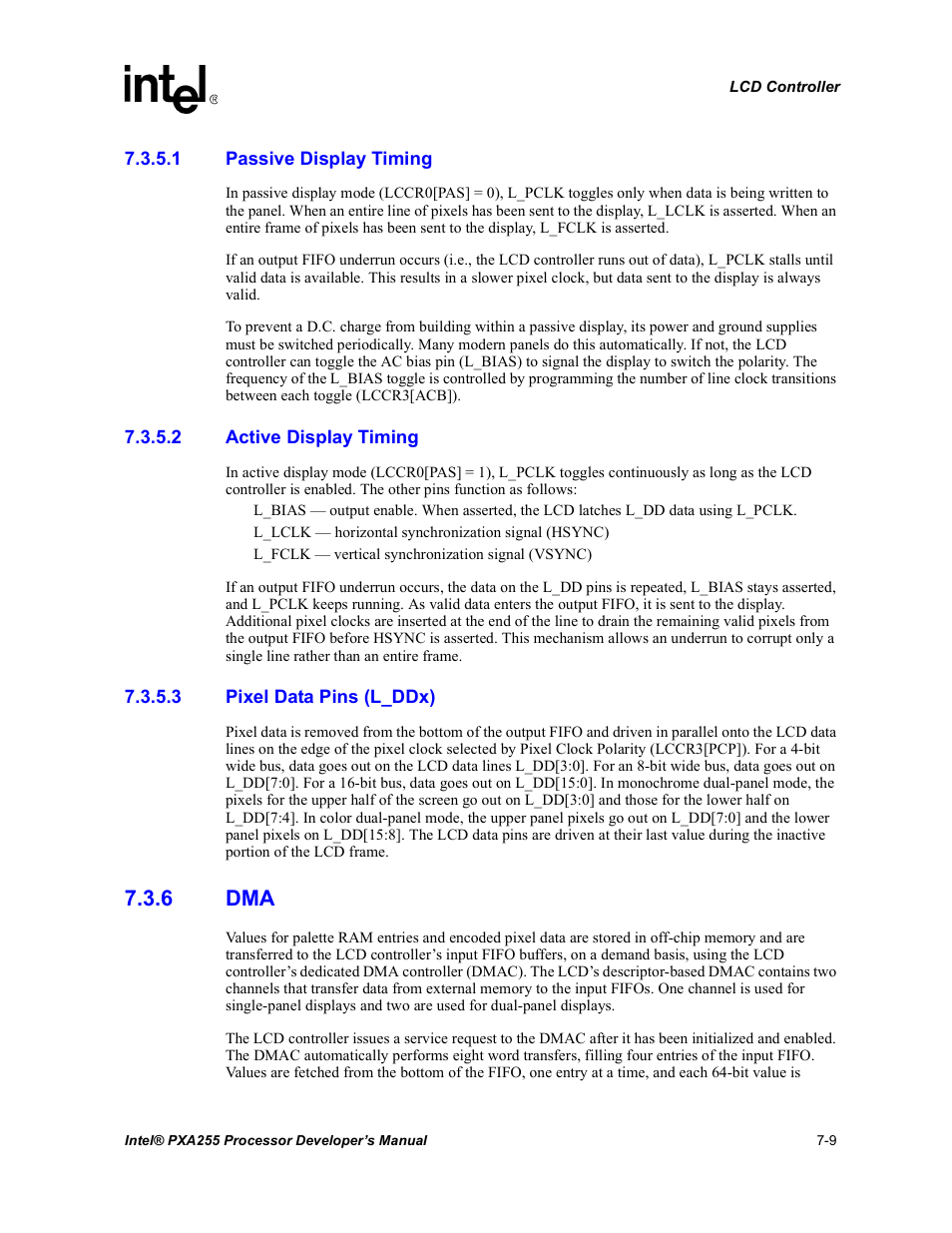 1 passive display timing, 2 active display timing, 3 pixel data pins (l_ddx) | 6 dma, Dma -9 | Intel PXA255 User Manual | Page 273 / 600