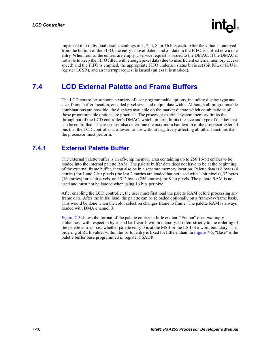 4 lcd external palette and frame buffers, 1 external palette buffer, Lcd external palette and frame buffers -10 7.4.1 | External palette buffer -10 | Intel PXA255 User Manual | Page 274 / 600