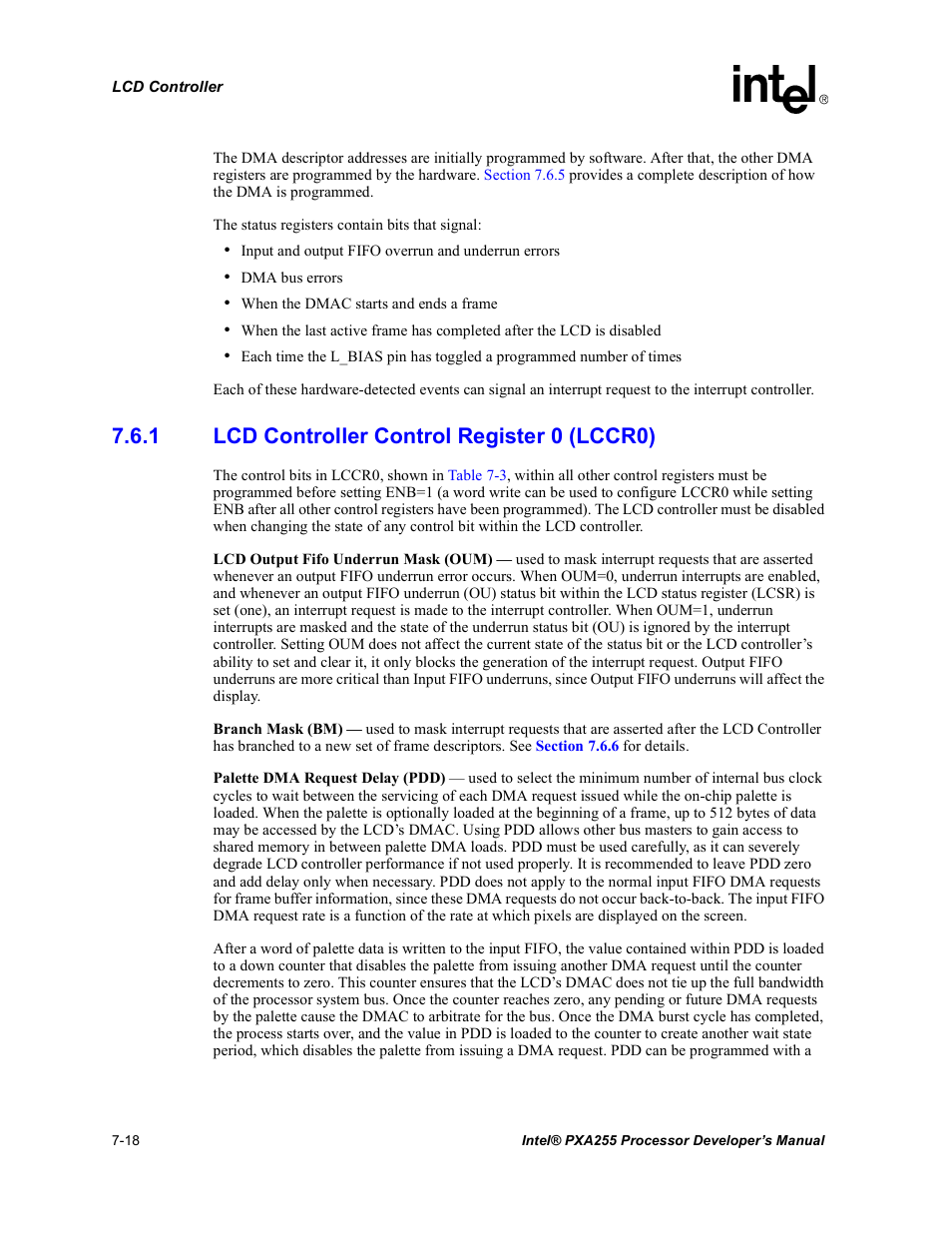 1 lcd controller control register 0 (lccr0), Lcd controller control register 0 (lccr0) -18, Section 7.6.1 | Intel PXA255 User Manual | Page 282 / 600