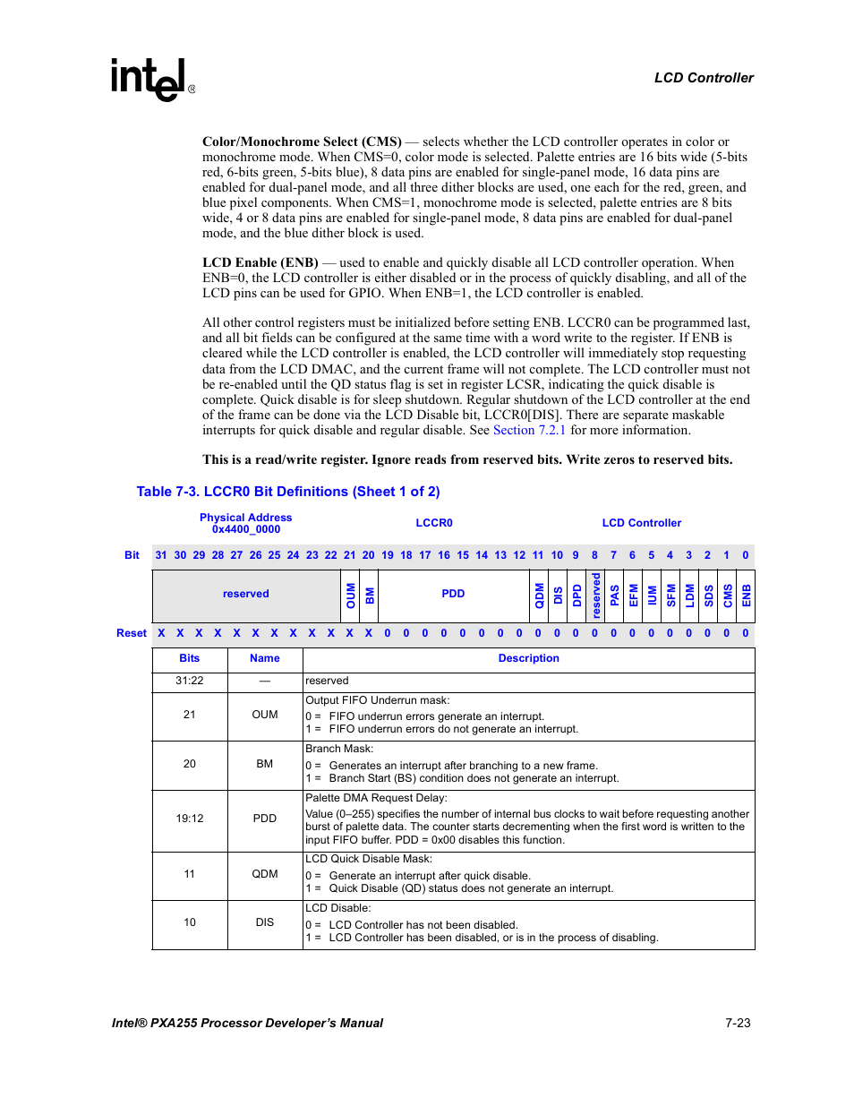 Lccr0 bit definitions -23, Table 7-3 | Intel PXA255 User Manual | Page 287 / 600