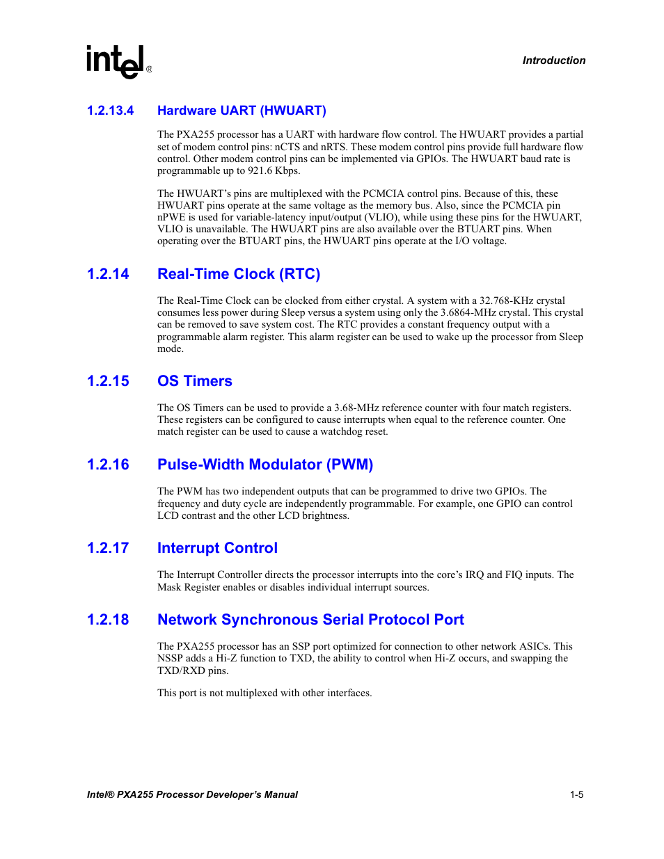 4 hardware uart (hwuart), 14 real-time clock (rtc), 15 os timers | 16 pulse-width modulator (pwm), 17 interrupt control, 18 network synchronous serial protocol port | Intel PXA255 User Manual | Page 29 / 600