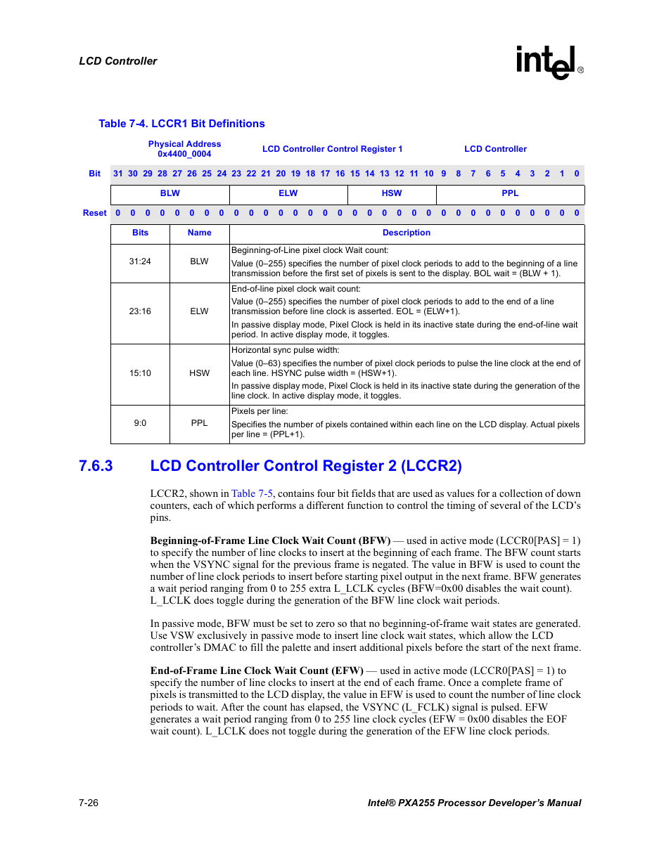 3 lcd controller control register 2 (lccr2), Lcd controller control register 2 (lccr2) -26, Lccr1 bit definitions -26 | Intel PXA255 User Manual | Page 290 / 600