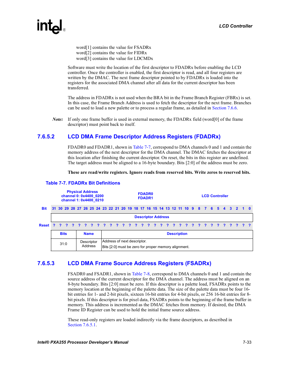 3 lcd dma frame source address registers (fsadrx), Fdadrx bit definitions -33, Section 7.6.5.2 | Section 7.6.5.3 | Intel PXA255 User Manual | Page 297 / 600