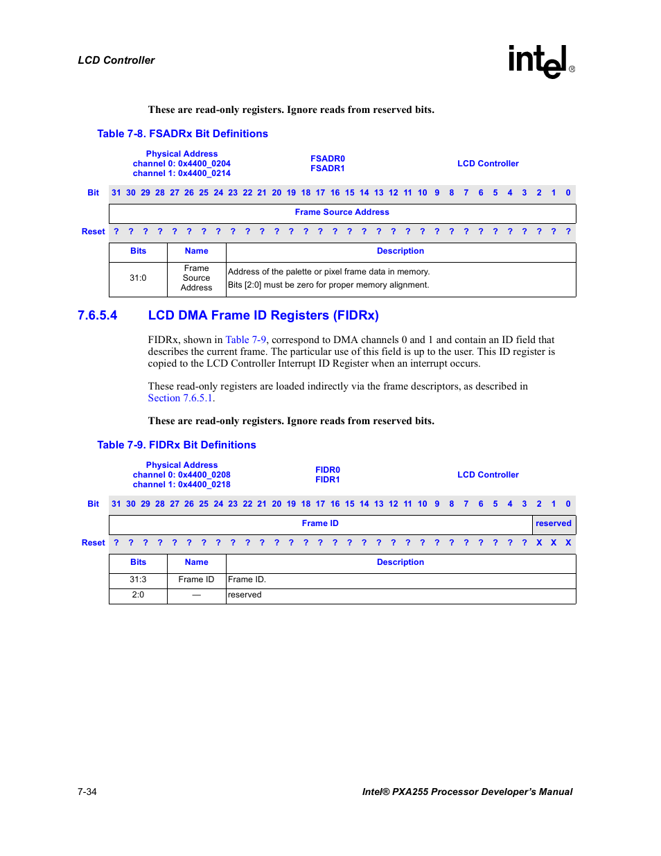 4 lcd dma frame id registers (fidrx), Fsadrx bit definitions -34, Fidrx bit definitions -34 | Section 7.6.5.4, Table 7-8 | Intel PXA255 User Manual | Page 298 / 600