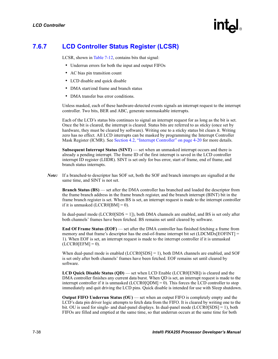 7 lcd controller status register (lcsr), Lcd controller status register (lcsr) -38 | Intel PXA255 User Manual | Page 302 / 600