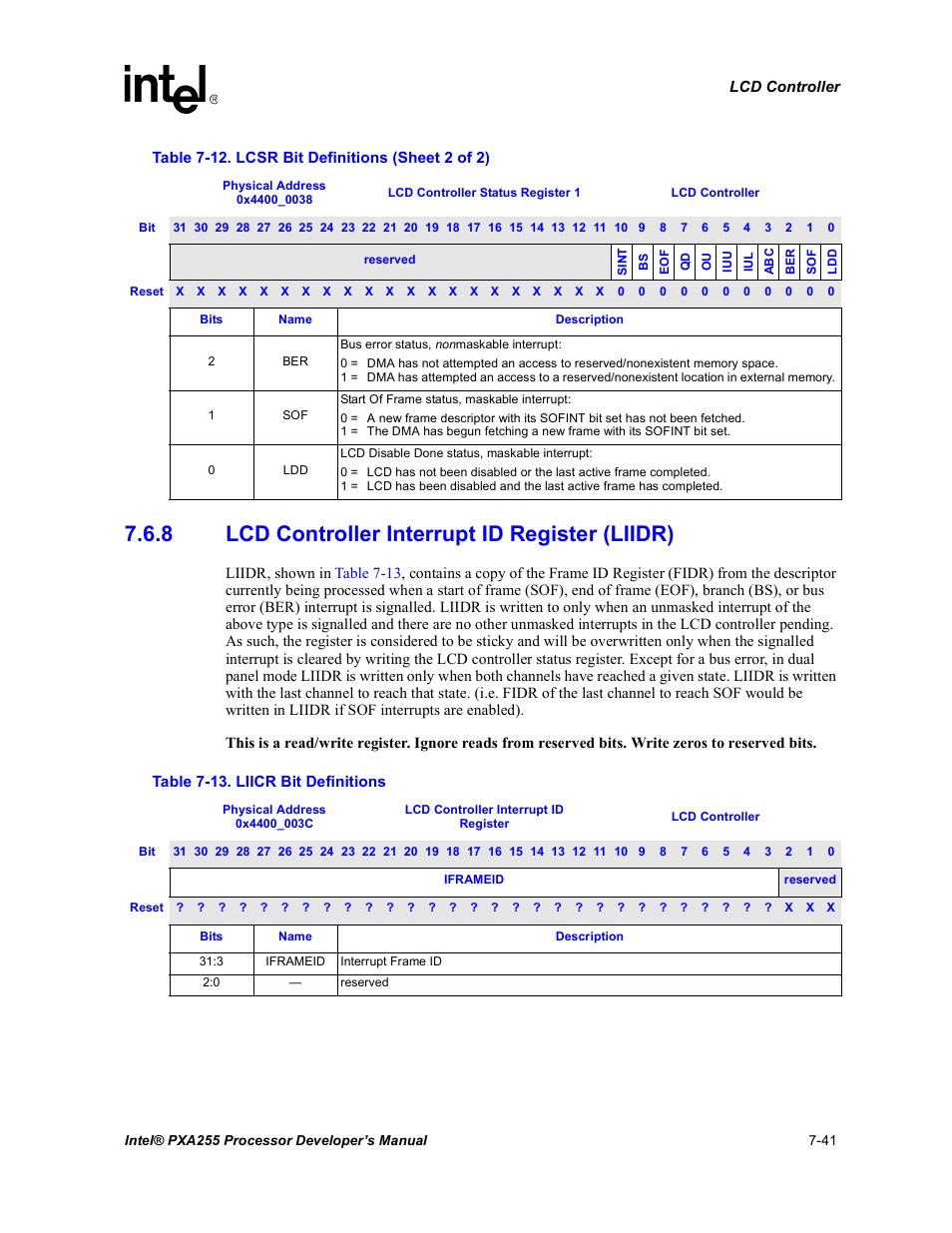 8 lcd controller interrupt id register (liidr), Lcd controller interrupt id register (liidr) -41, Liicr bit definitions -41 | Intel PXA255 User Manual | Page 305 / 600