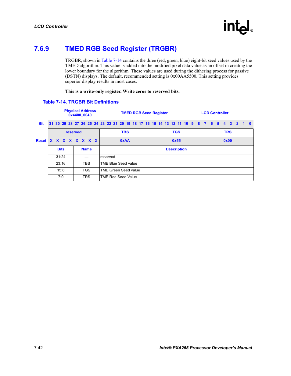 9 tmed rgb seed register (trgbr), Tmed rgb seed register (trgbr) -42, Trgbr bit definitions -42 | Table 7-14, Section 7.6.9 | Intel PXA255 User Manual | Page 306 / 600