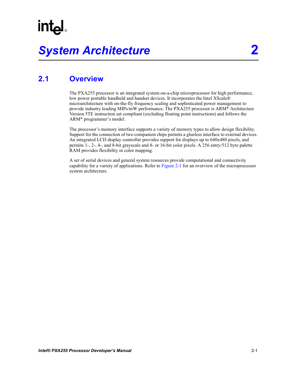 System architecture 2, 1 overview, System architecture -1 2.1 | Overview -1, System architecture | Intel PXA255 User Manual | Page 31 / 600