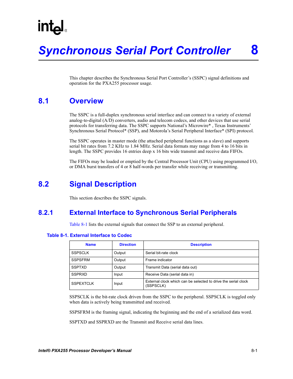 Synchronous serial port controller 8, 1 overview, 2 signal description | Synchronous serial port controller -1 8.1, Overview -1, Signal description -1 8.2.1, External interface to codec -1, Synchronous serial port controller | Intel PXA255 User Manual | Page 311 / 600