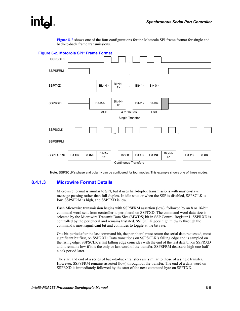 3 microwire format details, Motorola spi* frame format -5 | Intel PXA255 User Manual | Page 315 / 600