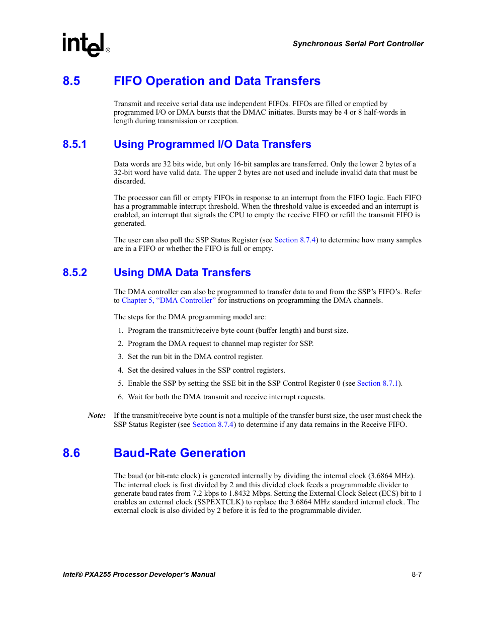 5 fifo operation and data transfers, 1 using programmed i/o data transfers, 2 using dma data transfers | 6 baud-rate generation, Fifo operation and data transfers -7 8.5.1, Using programmed i/o data transfers -7, Using dma data transfers -7, Baud-rate generation -7 | Intel PXA255 User Manual | Page 317 / 600