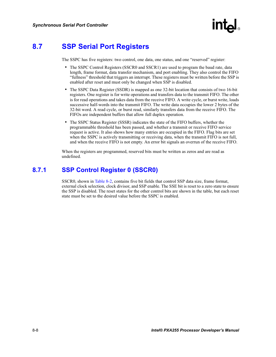 7 ssp serial port registers, 1 ssp control register 0 (sscr0), Ssp serial port registers -8 8.7.1 | Ssp control register 0 (sscr0) -8, Section 8.7.1 | Intel PXA255 User Manual | Page 318 / 600