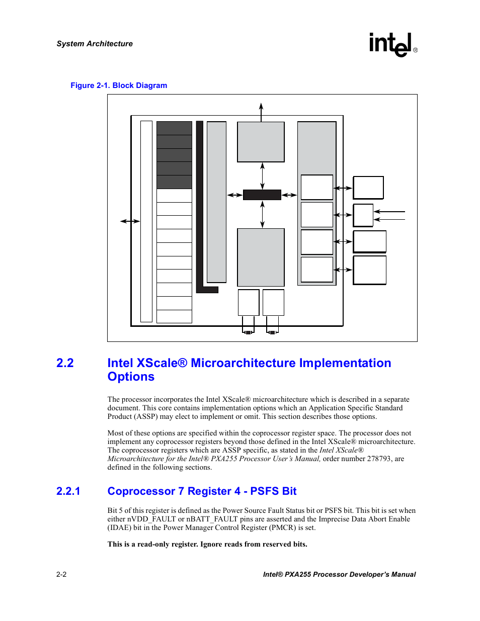 1 coprocessor 7 register 4 - psfs bit, Coprocessor 7 register 4 - psfs bit -2, Block diagram -2 | Intel PXA255 User Manual | Page 32 / 600