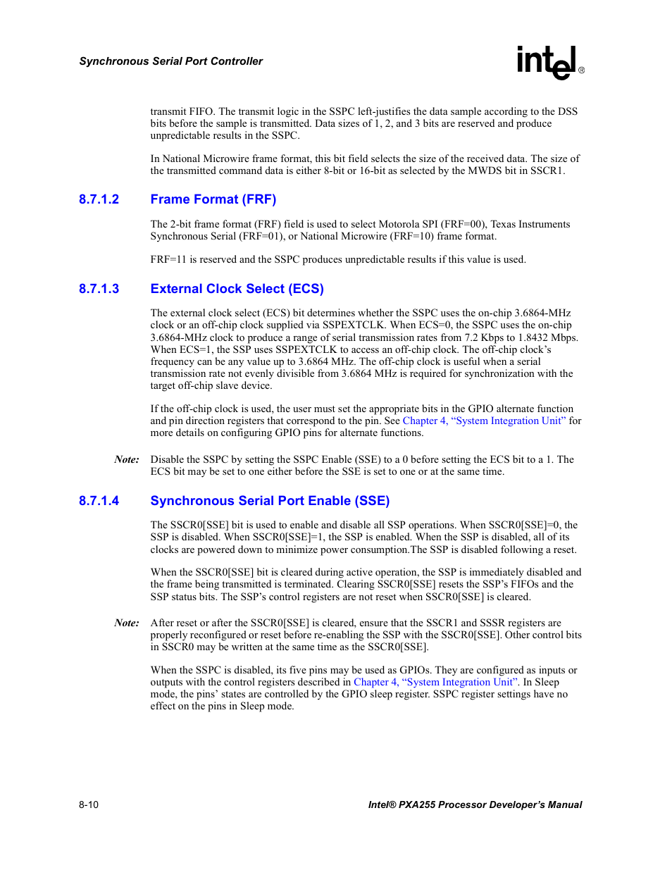 2 frame format (frf), 3 external clock select (ecs), 4 synchronous serial port enable (sse) | Intel PXA255 User Manual | Page 320 / 600