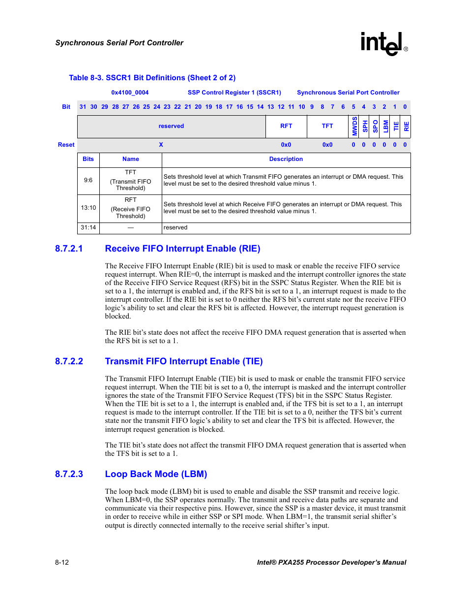 1 receive fifo interrupt enable (rie), 2 transmit fifo interrupt enable (tie), 3 loop back mode (lbm) | Intel PXA255 User Manual | Page 322 / 600