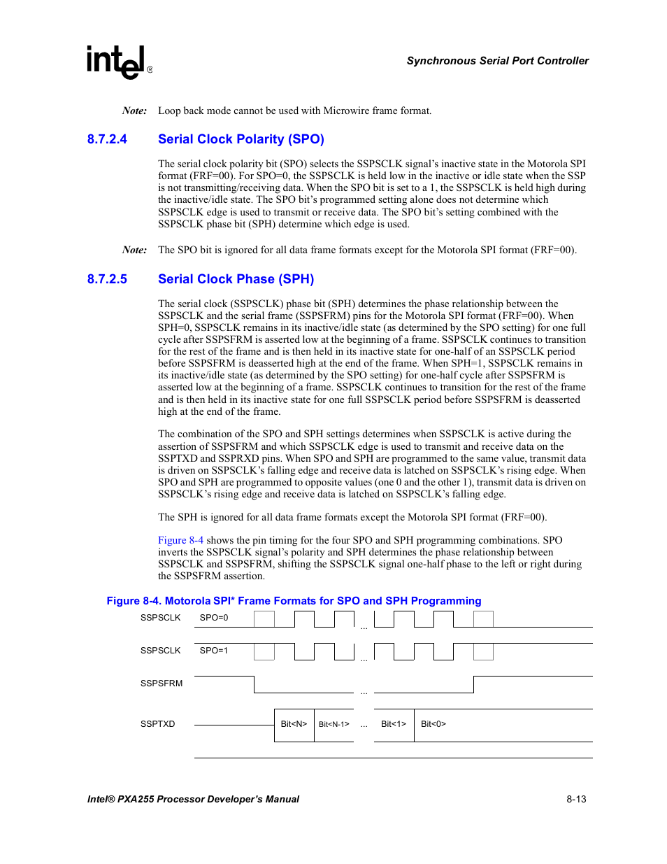 4 serial clock polarity (spo), 5 serial clock phase (sph) | Intel PXA255 User Manual | Page 323 / 600
