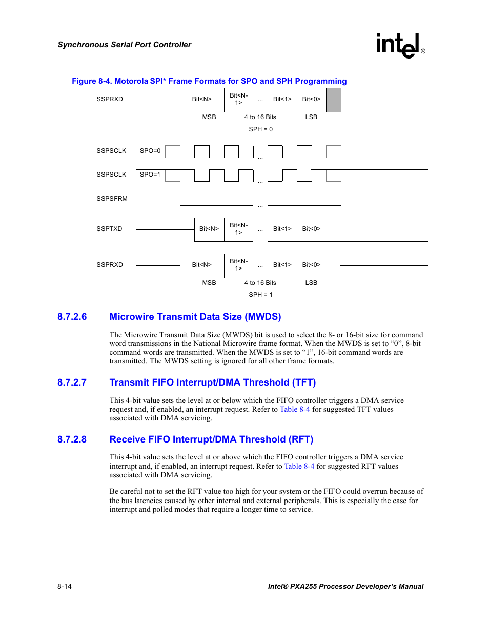 6 microwire transmit data size (mwds), 7 transmit fifo interrupt/dma threshold (tft), 8 receive fifo interrupt/dma threshold (rft) | Intel PXA255 User Manual | Page 324 / 600