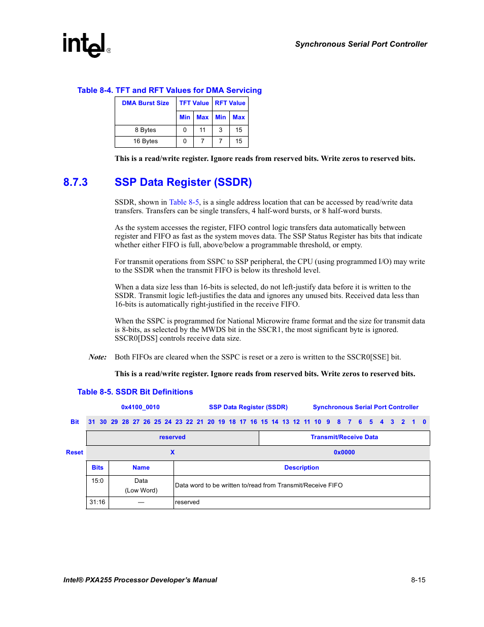 3 ssp data register (ssdr), Ssp data register (ssdr) -15, Tft and rft values for dma servicing -15 | Ssdr bit definitions -15 | Intel PXA255 User Manual | Page 325 / 600