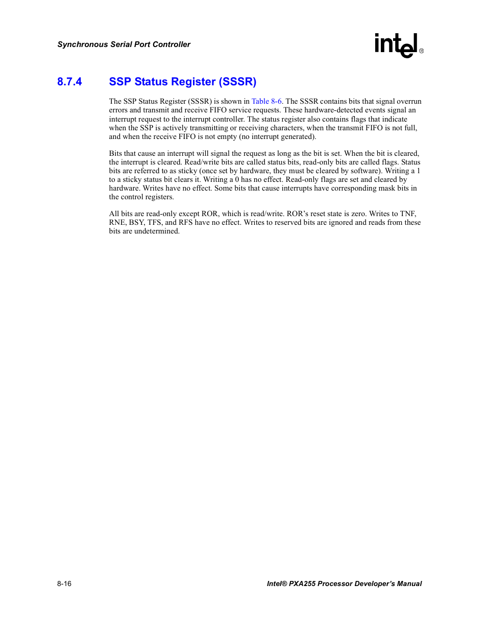 4 ssp status register (sssr), Ssp status register (sssr) -16, Section 8.7.4 | Intel PXA255 User Manual | Page 326 / 600