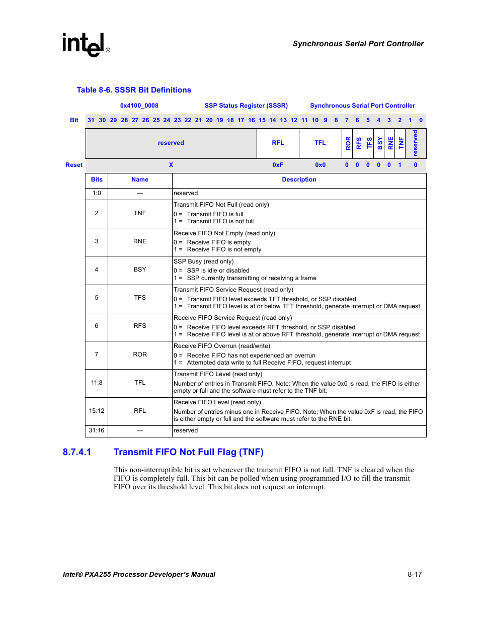 1 transmit fifo not full flag (tnf), Sssr bit definitions -17 | Intel PXA255 User Manual | Page 327 / 600