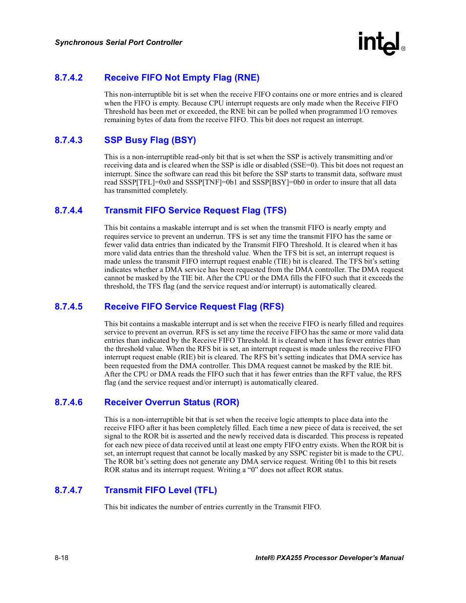 2 receive fifo not empty flag (rne), 3 ssp busy flag (bsy), 4 transmit fifo service request flag (tfs) | 5 receive fifo service request flag (rfs), 6 receiver overrun status (ror), 7 transmit fifo level (tfl) | Intel PXA255 User Manual | Page 328 / 600