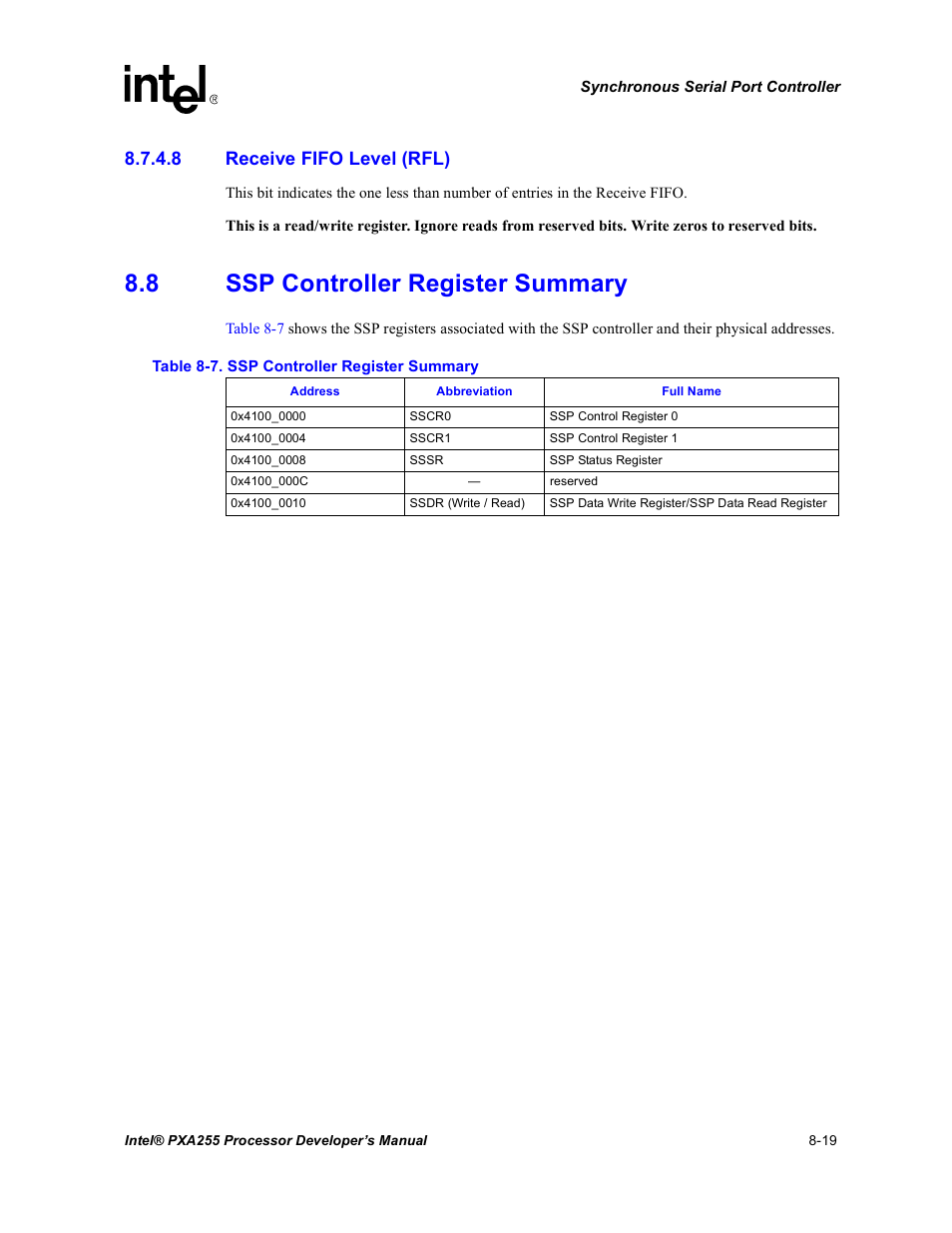 8 receive fifo level (rfl), 8 ssp controller register summary, Ssp controller register summary -19 | Intel PXA255 User Manual | Page 329 / 600