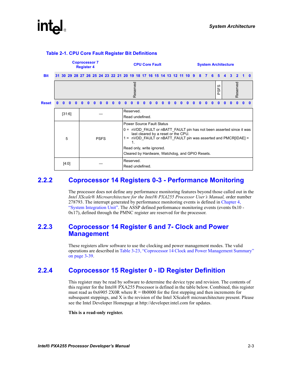 1cpu core fault register bit definitions -3 | Intel PXA255 User Manual | Page 33 / 600