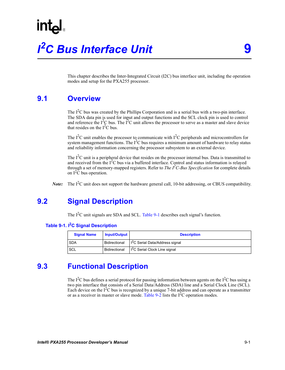 I2c bus interface unit 9, 1 overview, 2 signal description | 3 functional description, Overview -1, Signal description -1, Functional description -1, I2c signal description -1, C bus interface unit | Intel PXA255 User Manual | Page 331 / 600