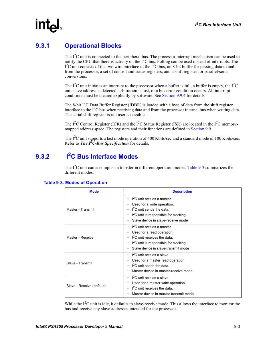 1 operational blocks, 2 i2c bus interface modes, Operational blocks -3 | I2c bus interface modes -3, Modes of operation -3, C bus interface modes | Intel PXA255 User Manual | Page 333 / 600