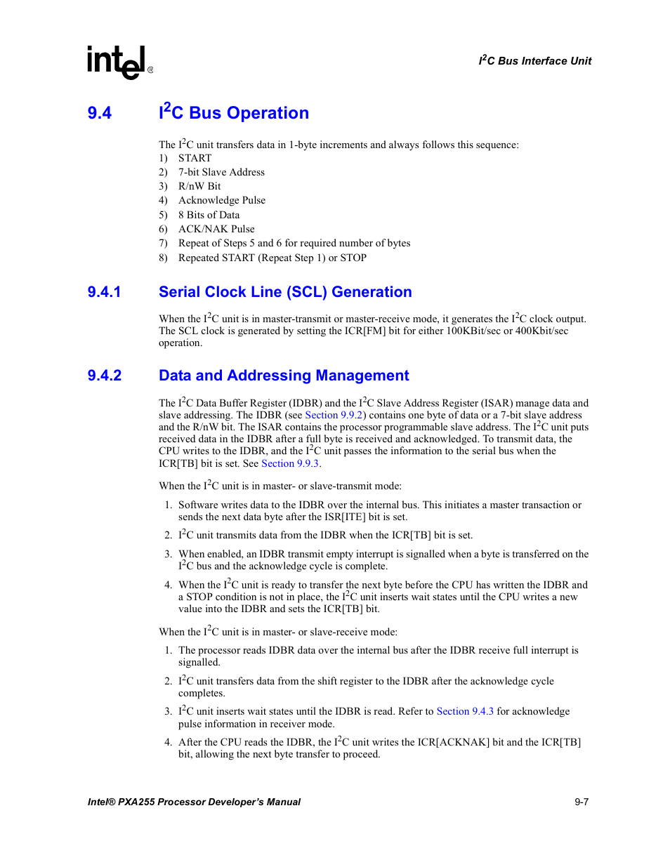 4 i2c bus operation, 1 serial clock line (scl) generation, 2 data and addressing management | I2c bus operation -7 9.4.1, Serial clock line (scl) generation -7, Data and addressing management -7, C bus operation | Intel PXA255 User Manual | Page 337 / 600